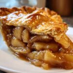 Close-up of a thick slice of apple pie showing glossy, spiced apple pie filling recipe inside a flaky crust.