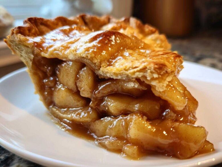 Close-up of a thick slice of apple pie showing glossy, spiced apple pie filling recipe inside a flaky crust.