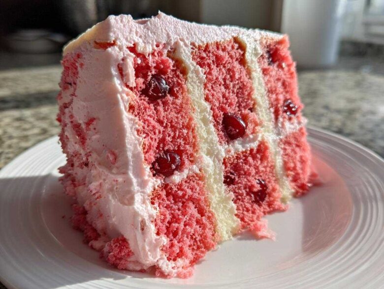 A moist slice of pink layered cherry cake with visible whole cherries and white/pink frosting on a white plate.