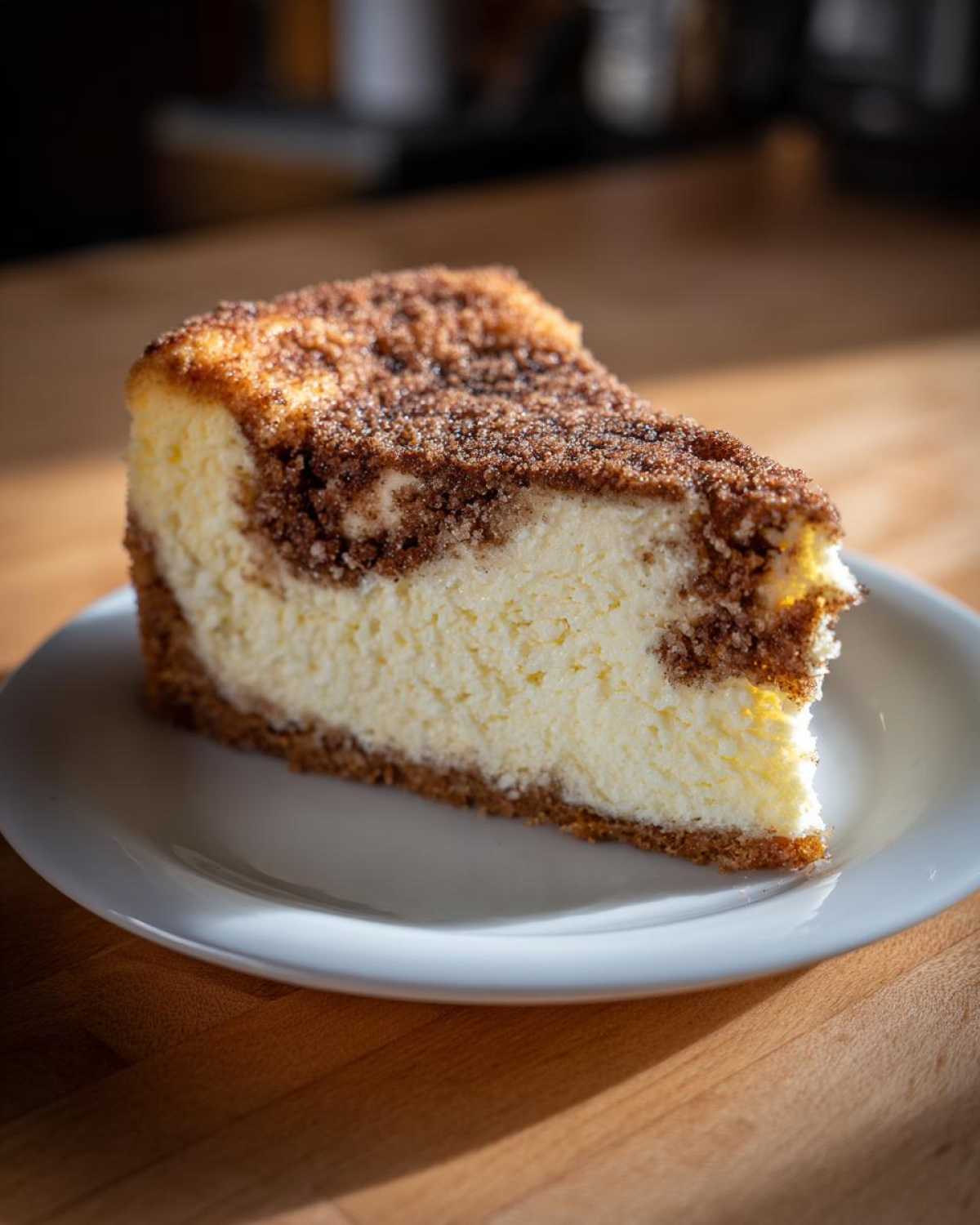 A single slice of creamy snickerdoodle cheesecake topped with cinnamon crumble, served on a white plate.