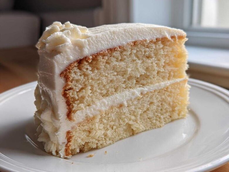A close-up slice of moist vanilla cake recipe layered with creamy white frosting on a white plate.