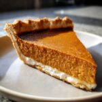 Close-up of a perfect slice of vegan pumpkin pie showing the orange filling and white creamy layer on a light plate.