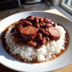 A serving of slow cooker red beans and rice topped with slices of smoked sausage on a white plate.