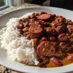 A close-up of a white bowl filled with fluffy white rice topped with rich, savory slow cooker red beans and rice and sliced andouille sausage.