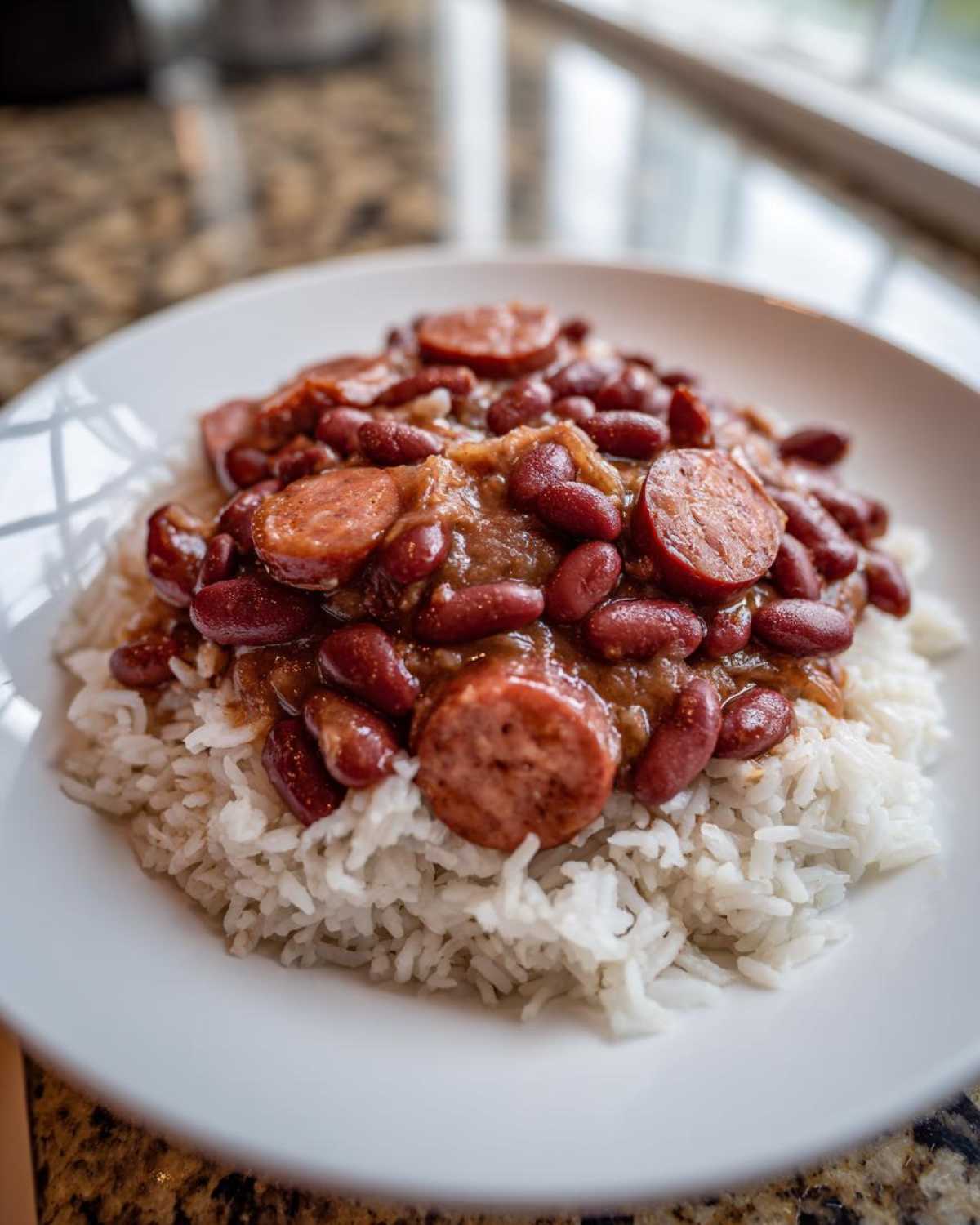 A white plate holds a serving of fluffy white rice topped with rich slow cooker red beans and rice and sliced smoked sausage.