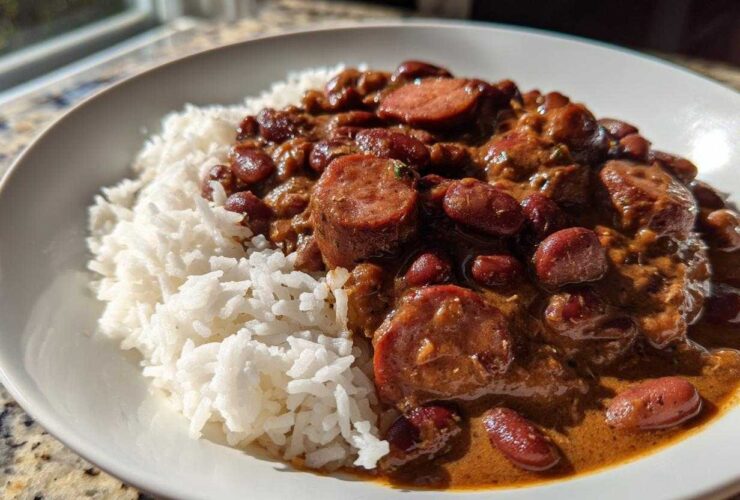 A close-up of a white bowl filled with fluffy white rice topped with rich, savory slow cooker red beans and rice and sliced andouille sausage.