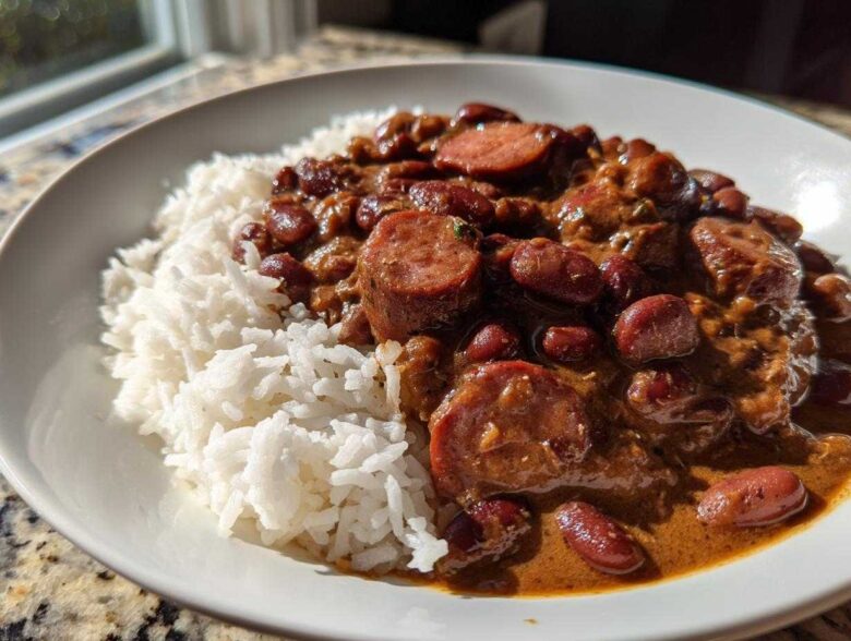 A close-up of a white bowl filled with fluffy white rice topped with rich, savory slow cooker red beans and rice and sliced andouille sausage.