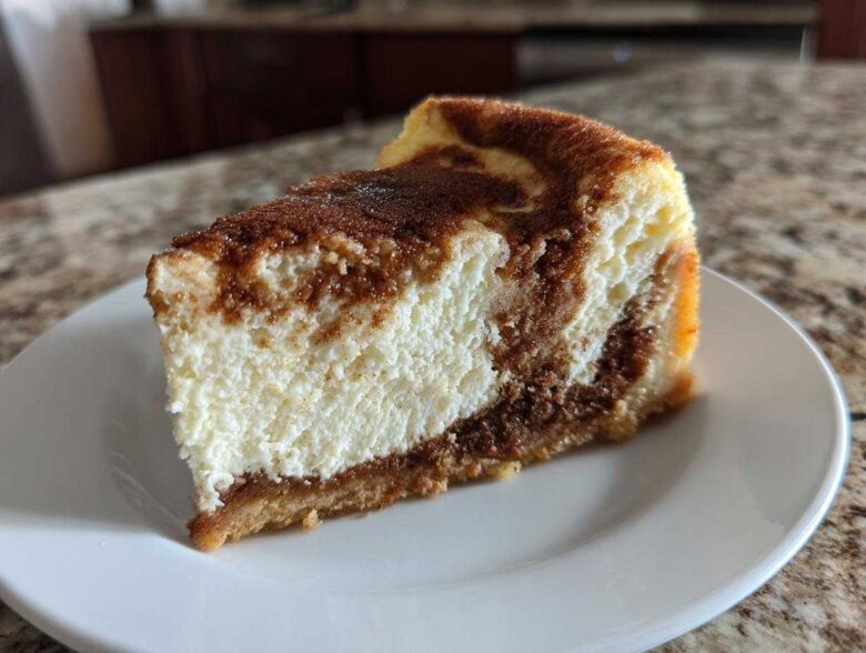 A close-up shot of a single slice of snickerdoodle cheesecake with a cinnamon swirl on a white plate.