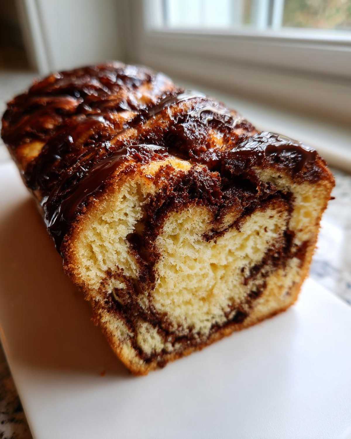 Close-up of a freshly baked chocolate babka loaf showing the soft, swirled interior and rich chocolate filling.