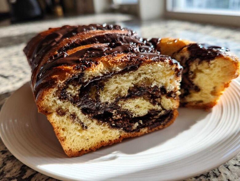 A close-up of a soft chocolate babka loaf, sliced to show the rich chocolate swirl inside, drizzled with glaze.