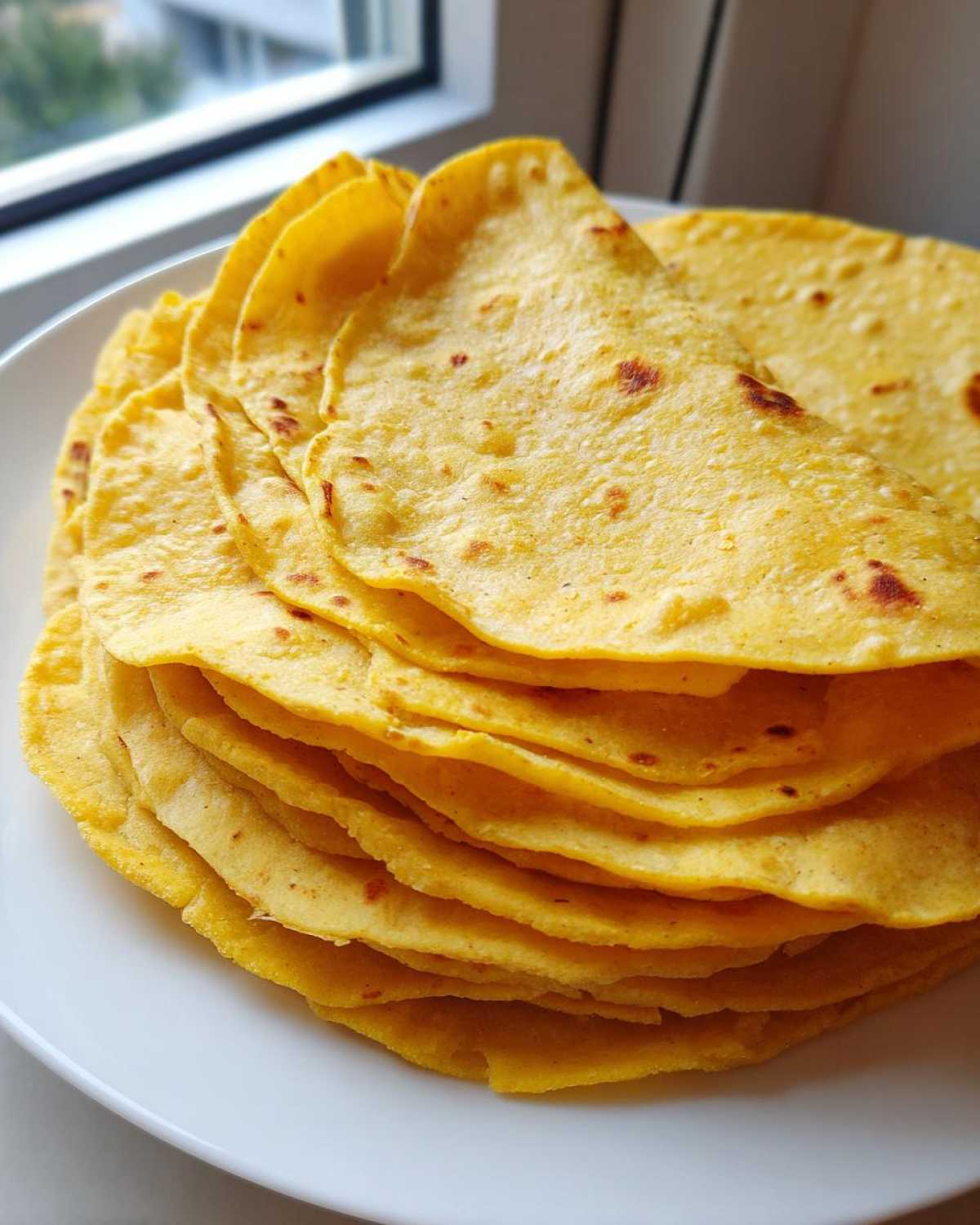 A stack of warm, yellow, soft corn tortillas with light brown spots resting on a white plate.