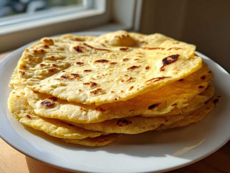 A stack of warm, freshly cooked soft corn tortillas with light char marks resting on a white plate.