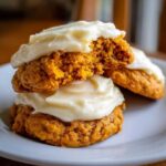 Close-up of two stacked, soft pumpkin cookie halves generously topped with thick cream cheese frosting.