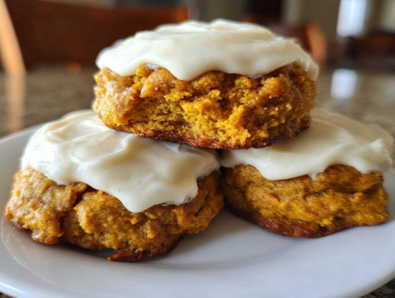 A stack of three soft pumpkin cookie treats topped generously with thick, white cream cheese frosting.