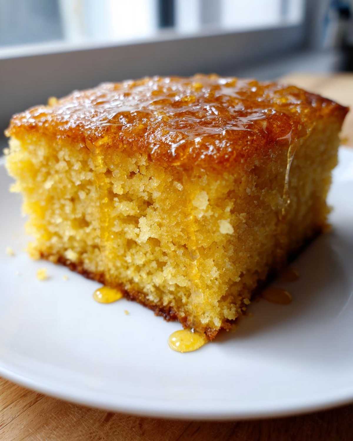 A close-up of a square slice of moist, golden sourdough cornbread topped with dripping honey on a white plate.