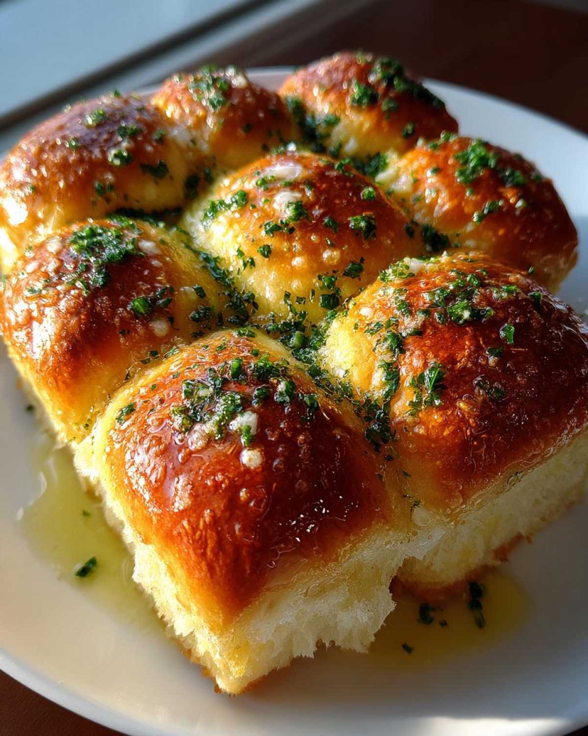 A plate of freshly baked, golden-brown sourdough discard rolls drenched in melted butter and sprinkled with herbs.
