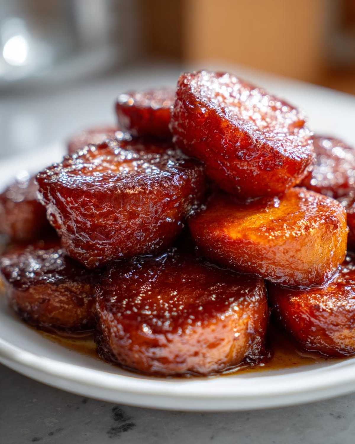 A close-up, appetizing shot of thick-cut southern candied yams, glistening with a rich, dark brown glaze, stacked on a white plate.