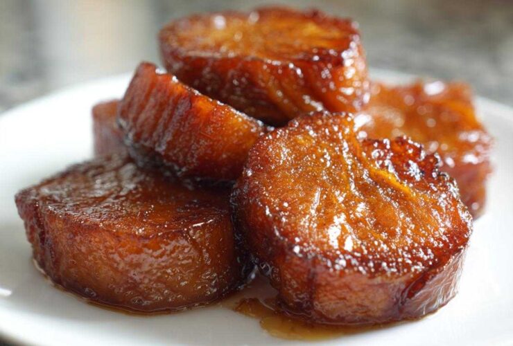 A close-up stack of thick, glossy, caramelized slices of southern candied yams resting on a white plate.