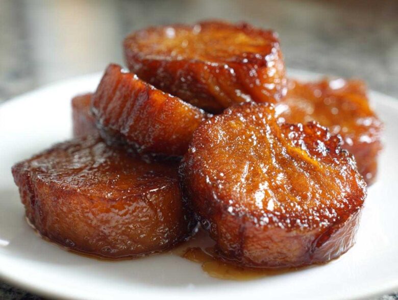 A close-up stack of thick, glossy, caramelized slices of southern candied yams resting on a white plate.