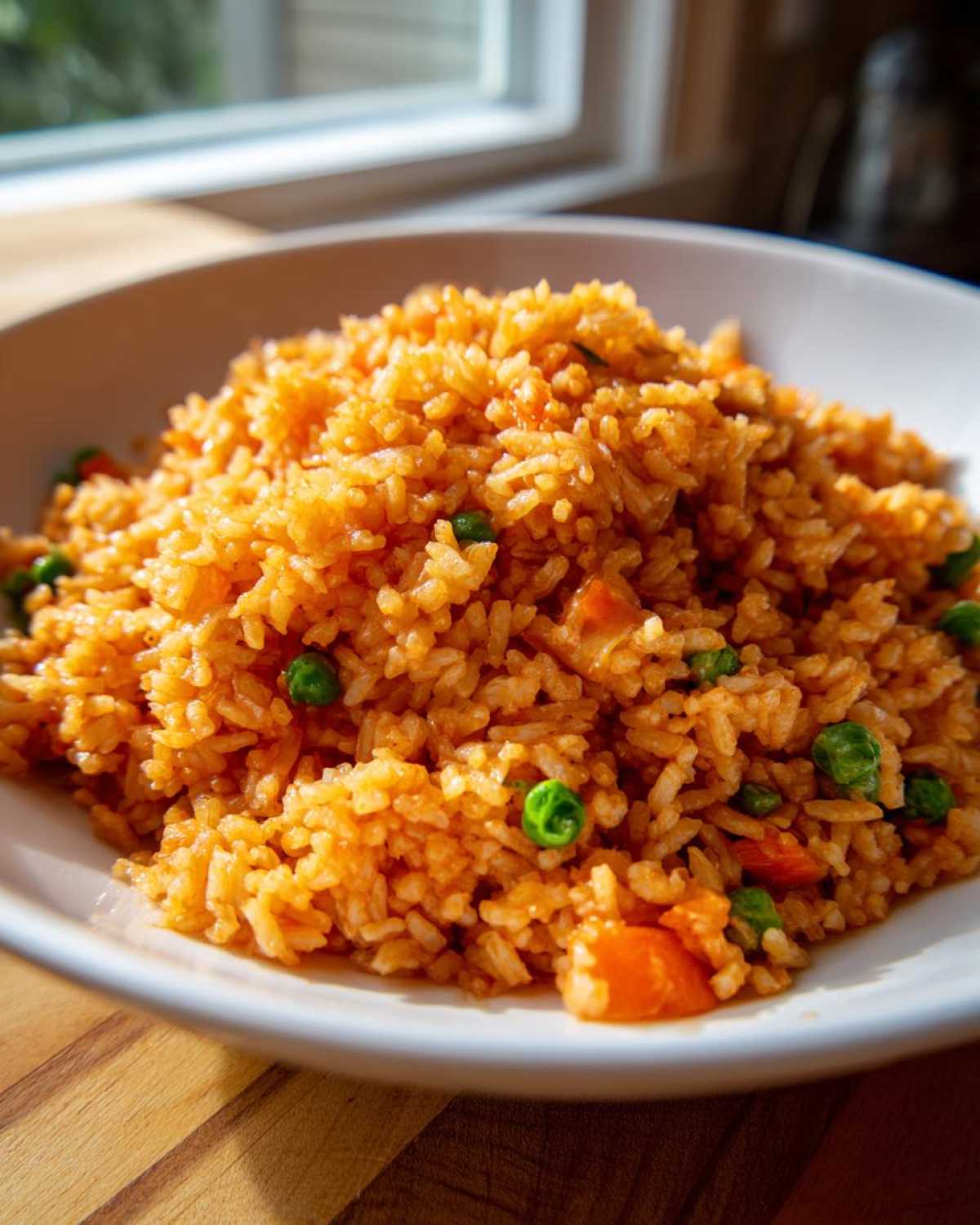 Close-up of a white bowl filled with vibrant orange Spanish rice mixed with bright green peas and diced carrots.