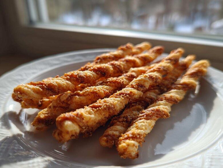 Close-up of several golden brown, twisted, spicy cheese straws resting on a white plate near a window.