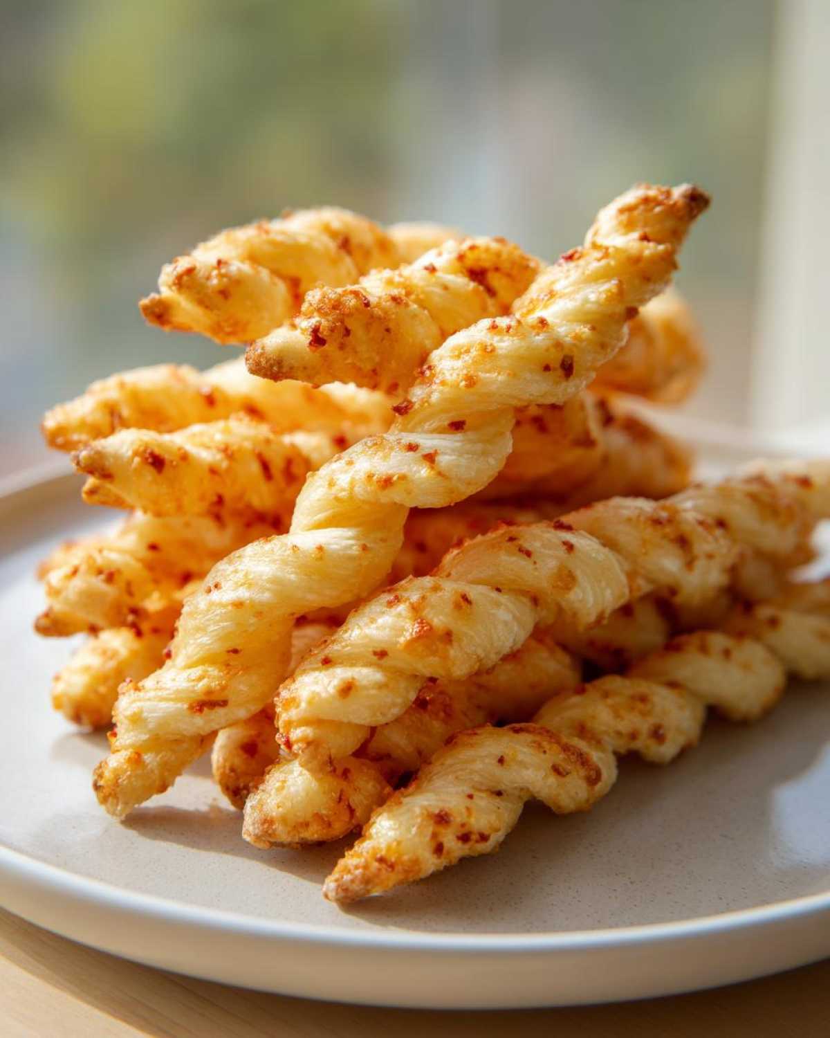A stack of golden, flaky, twisted spicy cheese straws dusted with red pepper flakes on a light plate.
