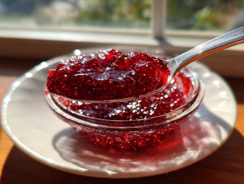 A spoonful of vibrant, glistening homemade raspberry jam held over a small glass bowl, catching sunlight.