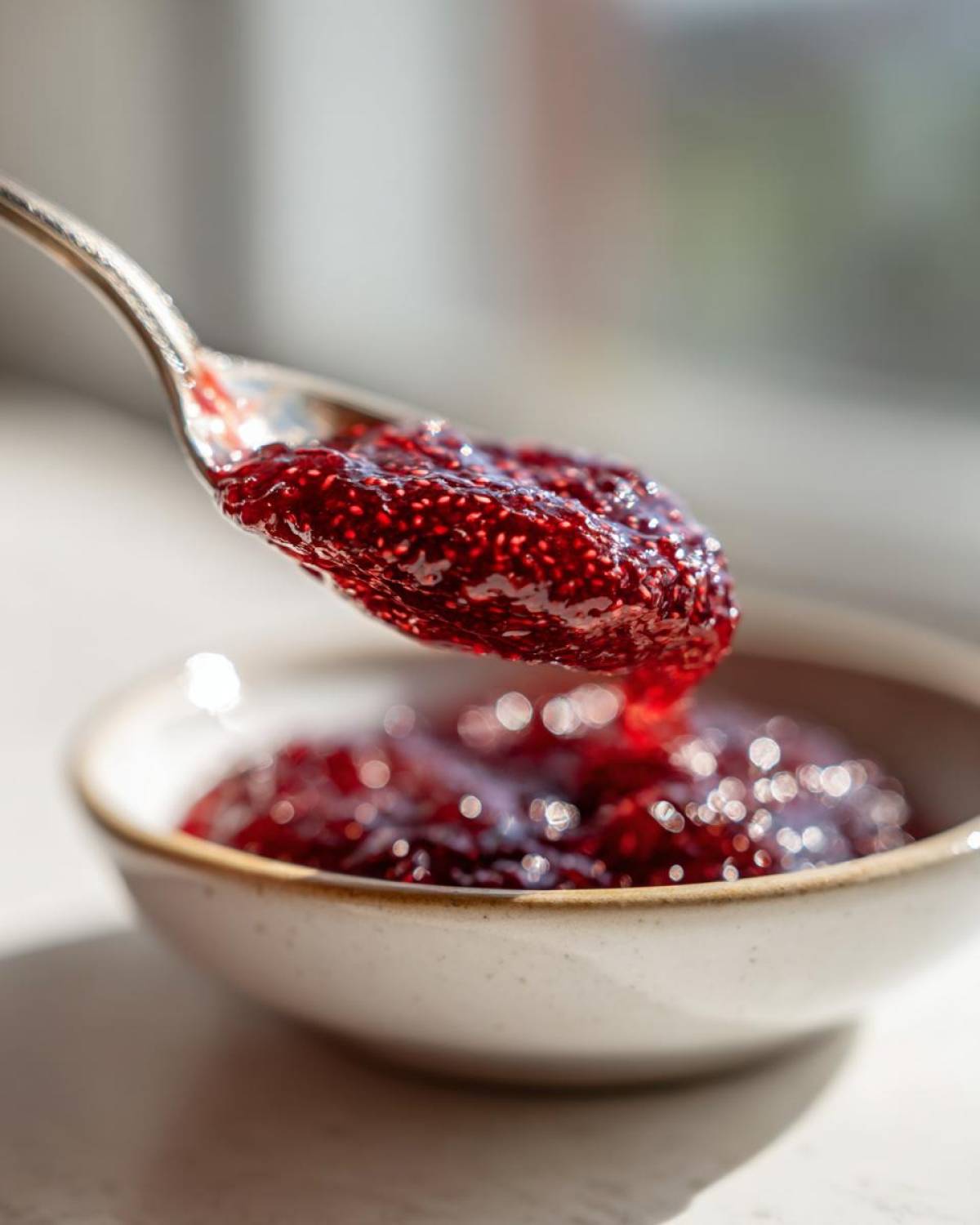 A silver spoon lifting a thick, glistening spoonful of homemade raspberry jam above a small bowl.