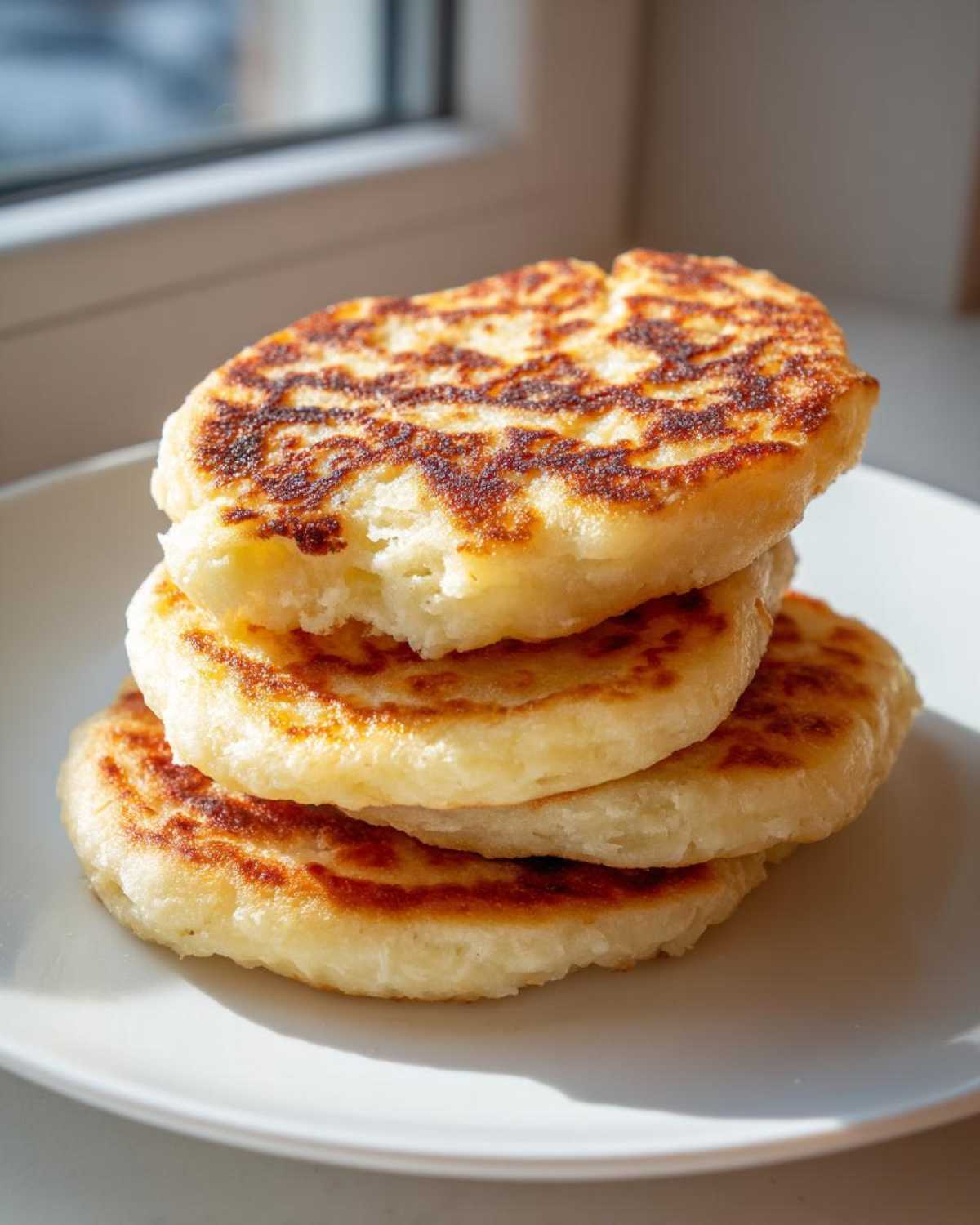 A stack of four golden-brown, pan-fried irish potato farls sitting on a white plate near a window.