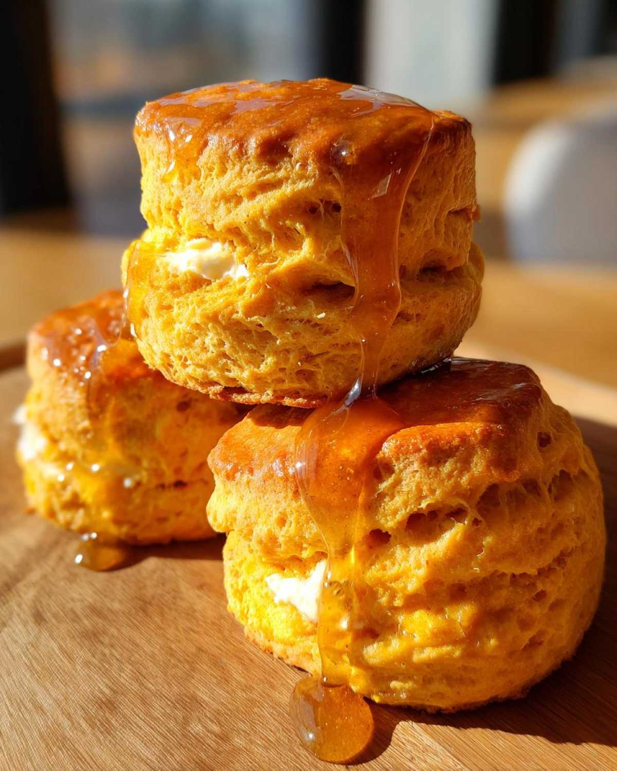 Three fluffy, golden sweet potato biscuits stacked on a wooden board, generously drizzled with dripping honey.