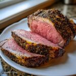 Close-up of a perfectly cooked standing rib roast, sliced to show a medium-rare interior and herbed crust.
