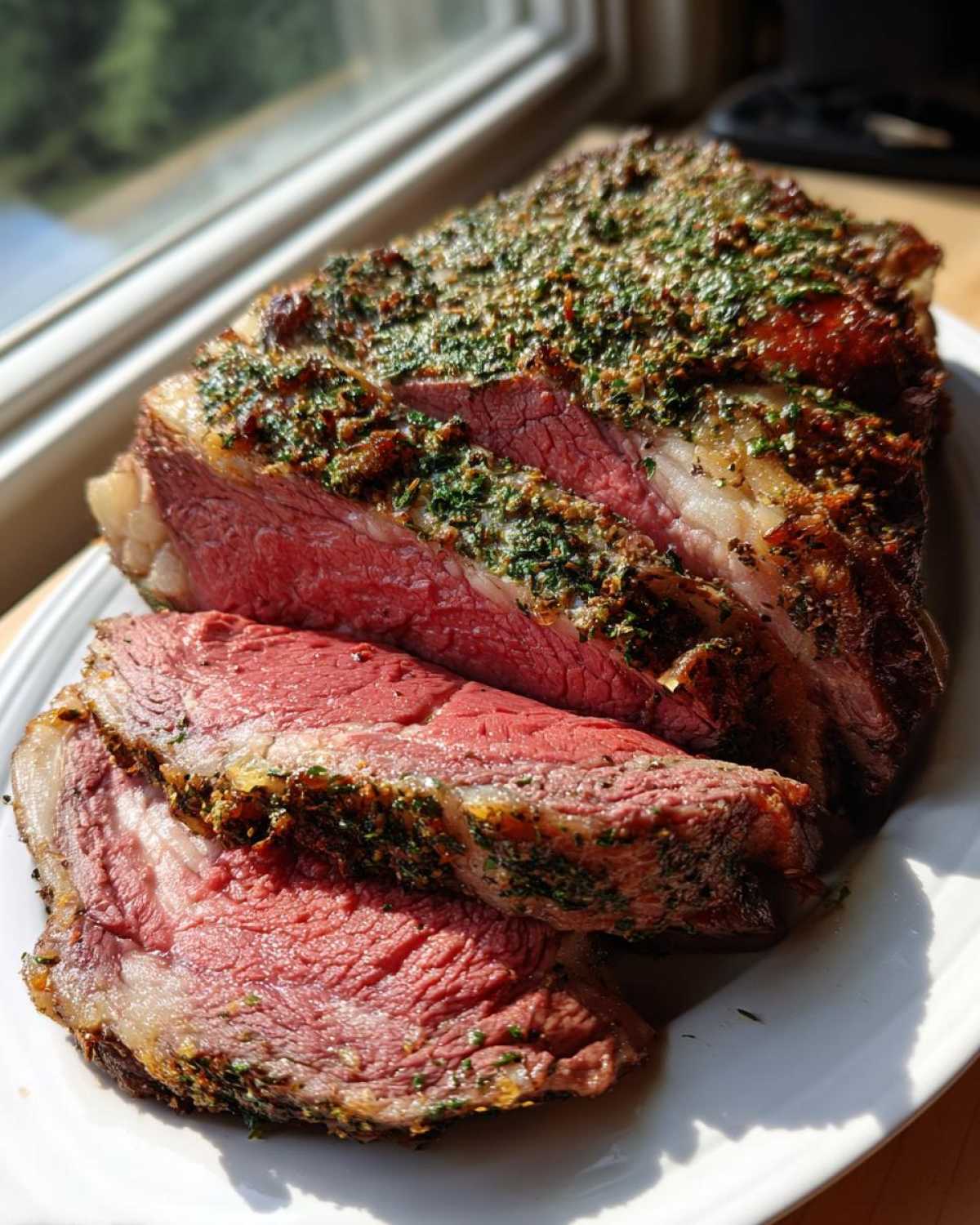 Close-up of a beautifully cooked standing rib roast, sliced to reveal a medium-rare center and herb crust.