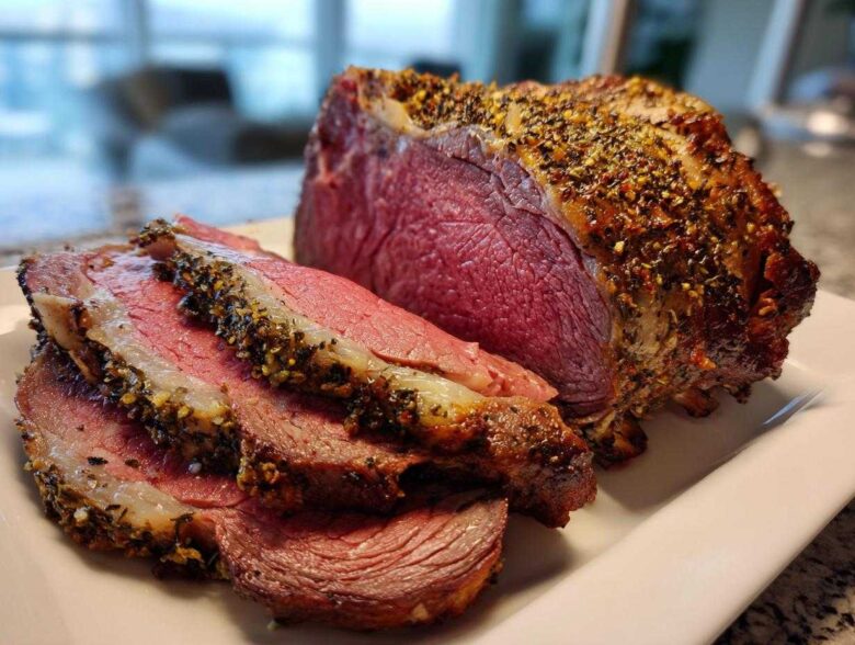 A beautifully cooked standing rib roast, partially sliced to show the medium-rare pink interior and herb crust.