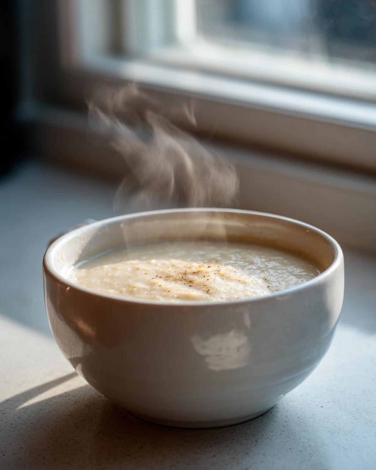 A close-up of a steaming white bowl filled with creamy garlic soup, seasoned with pepper, sitting by a window.