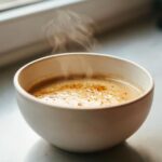 Close-up of a steaming white bowl filled with creamy garlic soup, topped with spices.