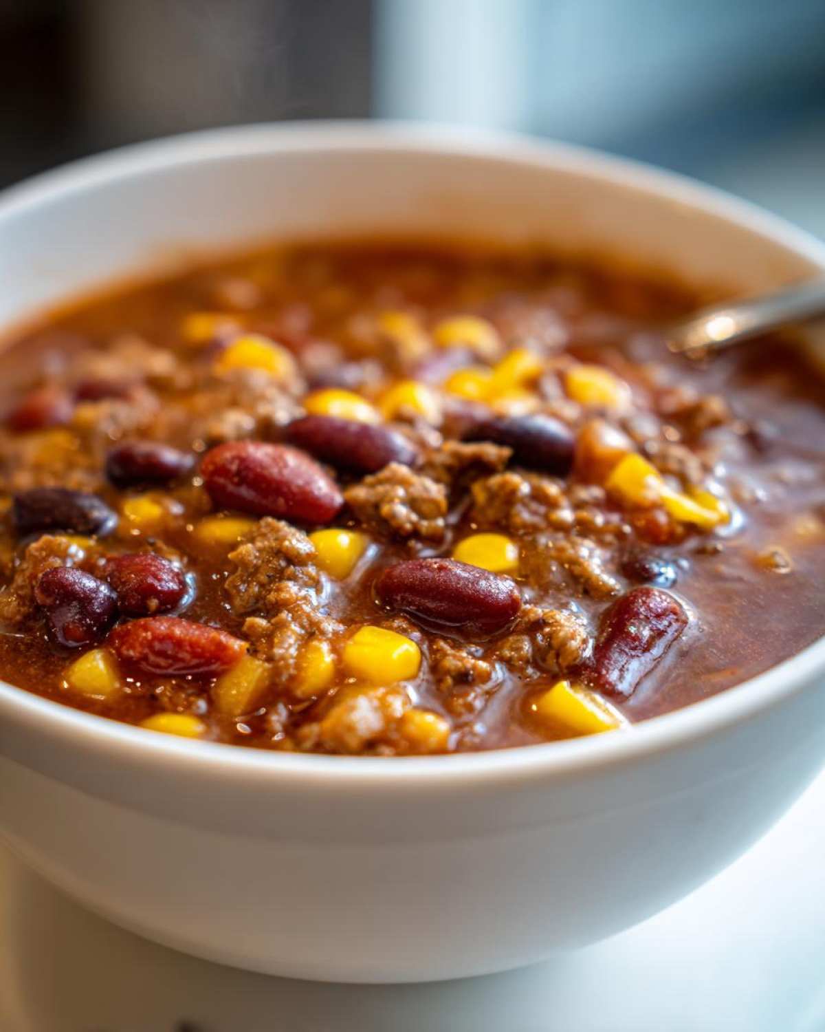 Close-up of a steaming white bowl filled with rich crockpot cowboy soup, featuring ground beef, kidney beans, and bright yellow corn.