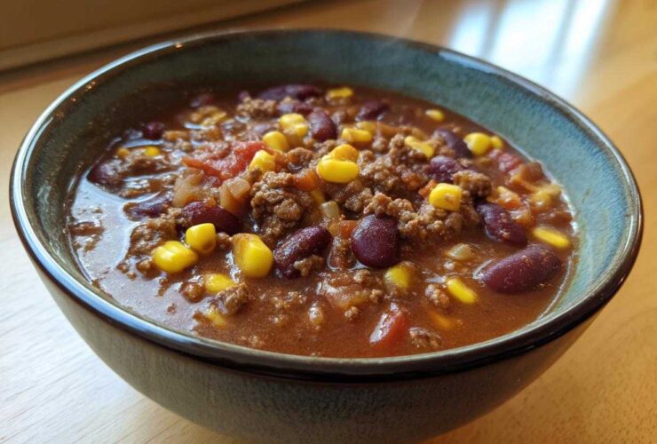 Close-up of a steaming bowl of rich crockpot cowboy soup featuring ground beef, kidney beans, and bright yellow corn kernels.