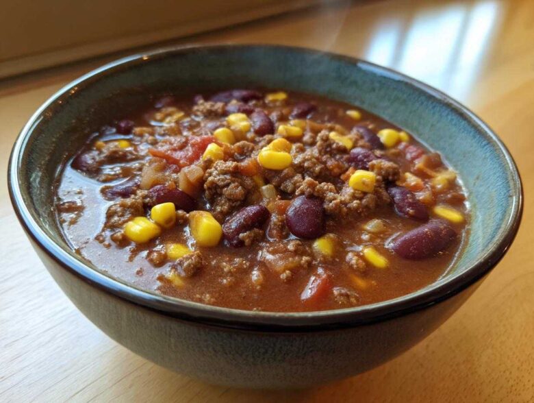Close-up of a steaming bowl of rich crockpot cowboy soup featuring ground beef, kidney beans, and bright yellow corn kernels.