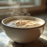 Close-up of a steaming white bowl filled with creamy garlic soup, topped with spices.