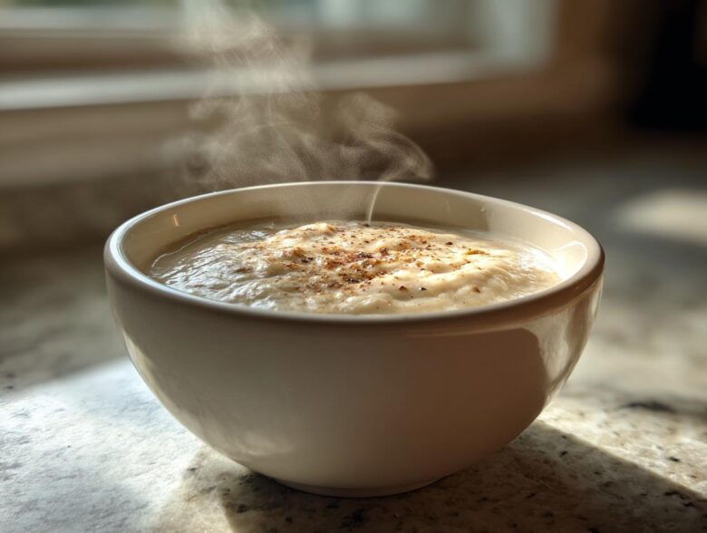 Close-up of a steaming white bowl filled with creamy garlic soup, topped with spices.