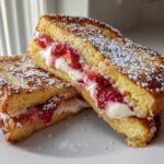 Two halves of golden brown cream cheese stuffed french toast filled with strawberries and dusted with powdered sugar.