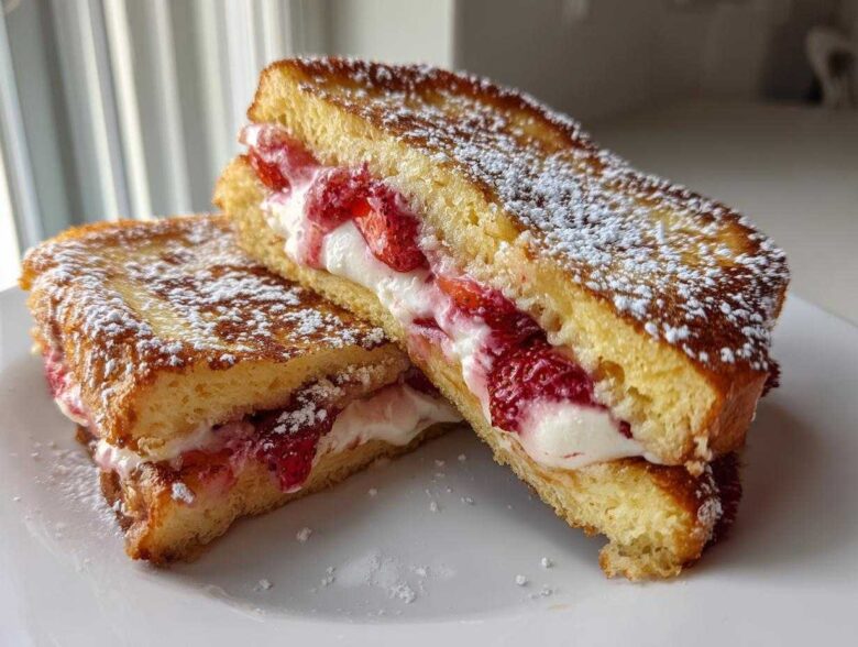 Two halves of golden brown cream cheese stuffed french toast filled with strawberries and dusted with powdered sugar.