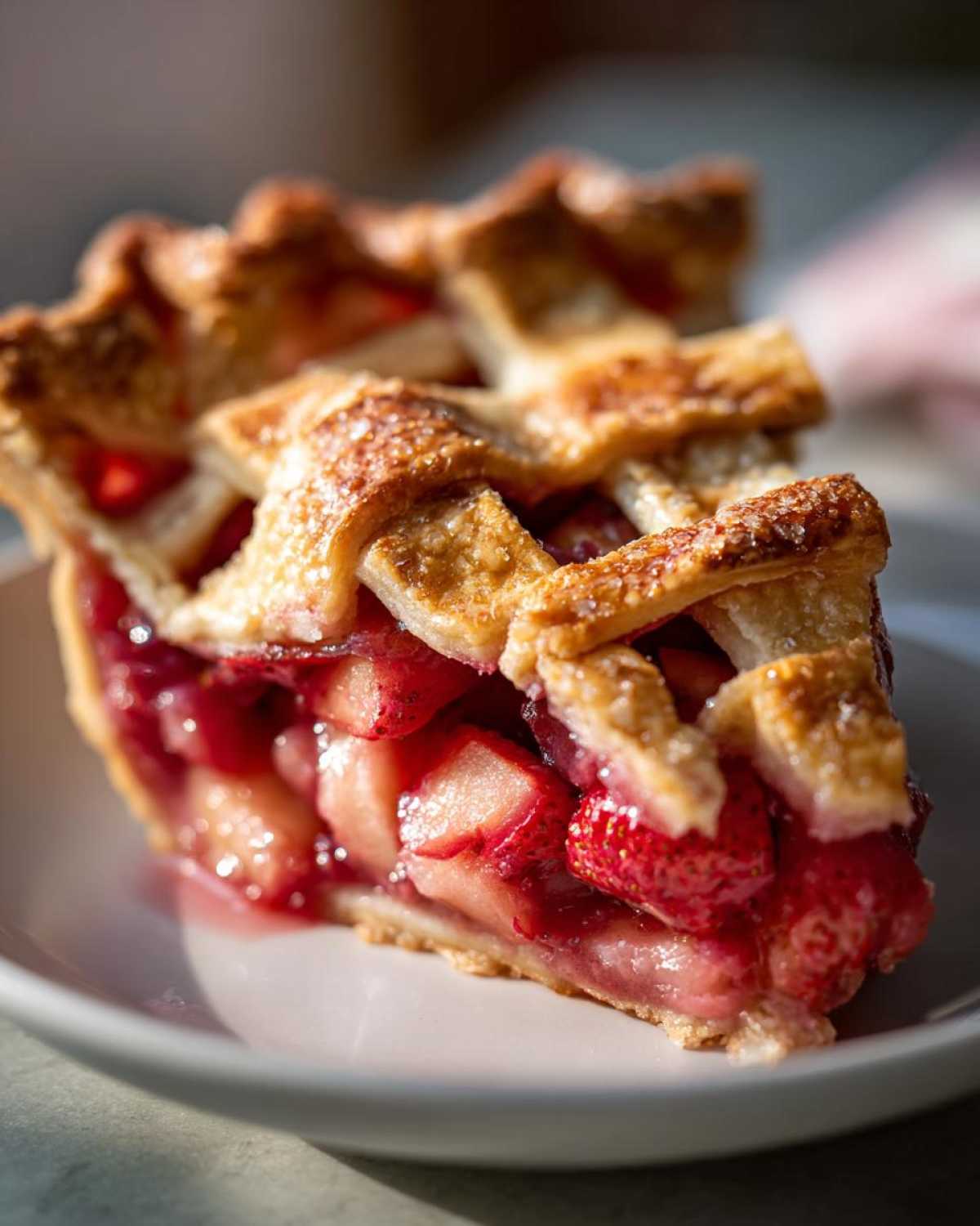 A close-up view of a thick slice of strawberry rhubarb pie with a lattice crust sprinkled with sugar.