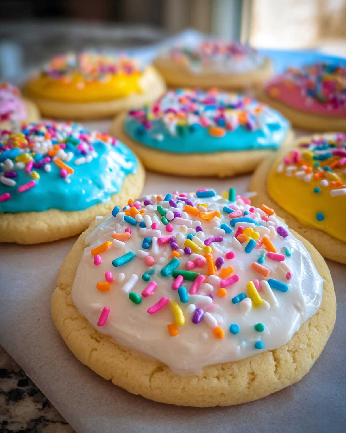 Close-up of a sugar cookie with thick white sugar cookie icing topped generously with rainbow sprinkles.