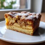 Close-up of a moist slice of Swedish apple cake, featuring tender apple filling and a sugary top crust.