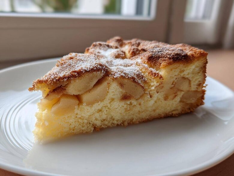 A close-up of a moist slice of Swedish apple cake, featuring tender apple pieces baked into a light sponge, dusted with powdered sugar.