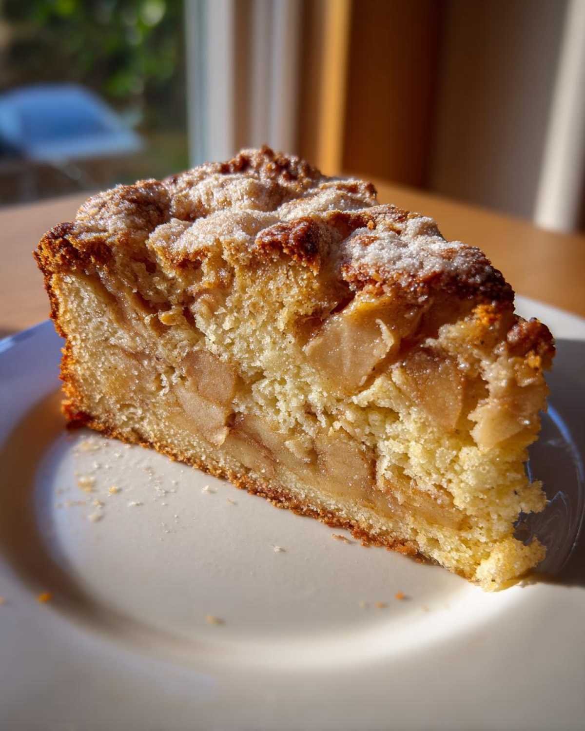 A close-up slice of moist Swedish apple cake, featuring tender baked apples and a sugary crumble topping, served on a white plate.
