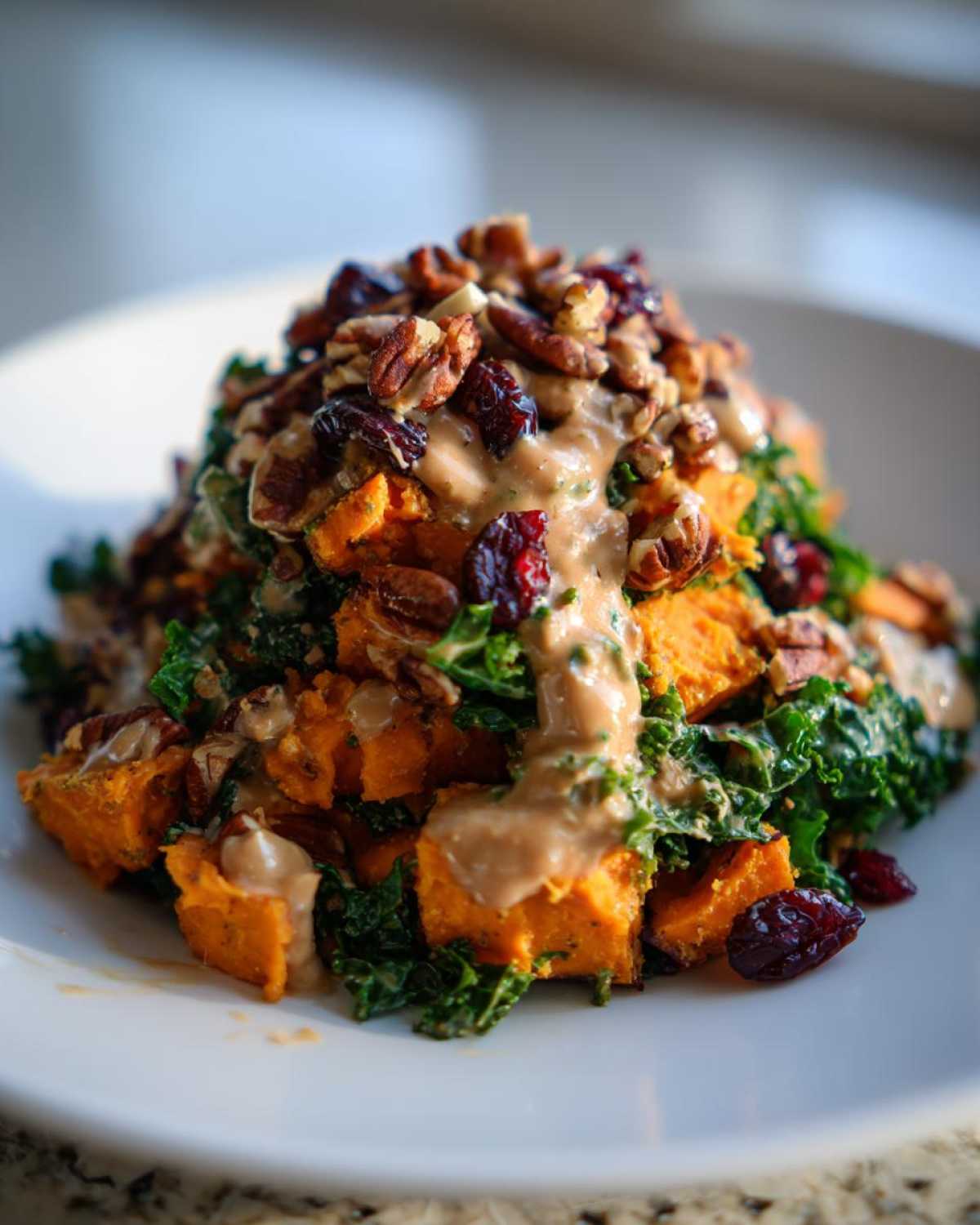 A vibrant close-up of a healthy sweet potato salad featuring roasted sweet potatoes, kale, dried cranberries, pecans, and a creamy dressing.