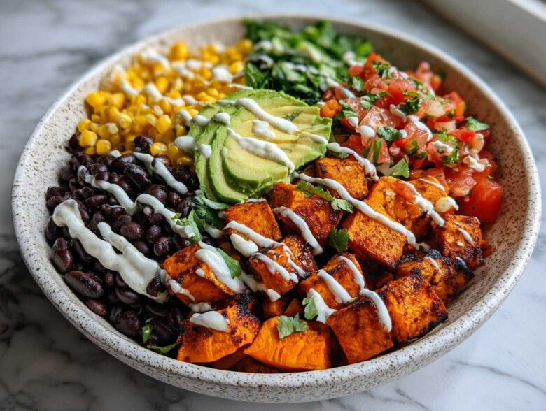 A vibrant sweet potato taco bowl featuring roasted sweet potatoes, black beans, corn, pico de gallo, avocado, and a creamy drizzle.
