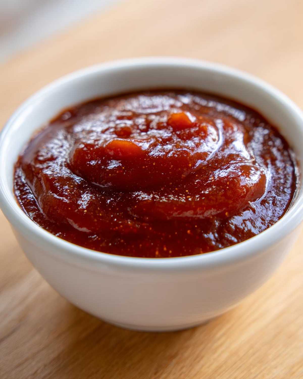 Close-up of rich, dark red homemade bbq sauce served in a small white bowl on a wooden surface.